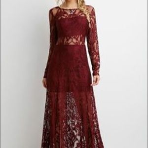 Long sleeve red lace long dress